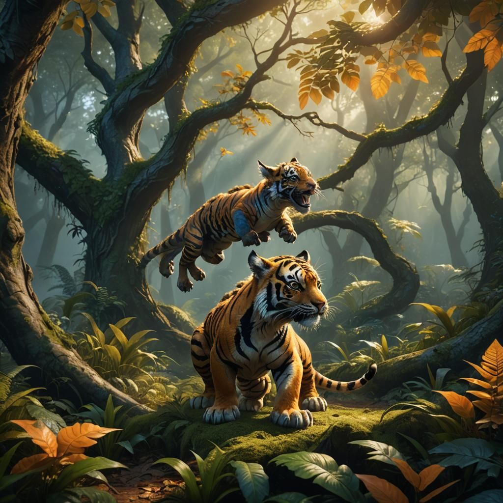 Dragon and Tiger Cub Play in Forest