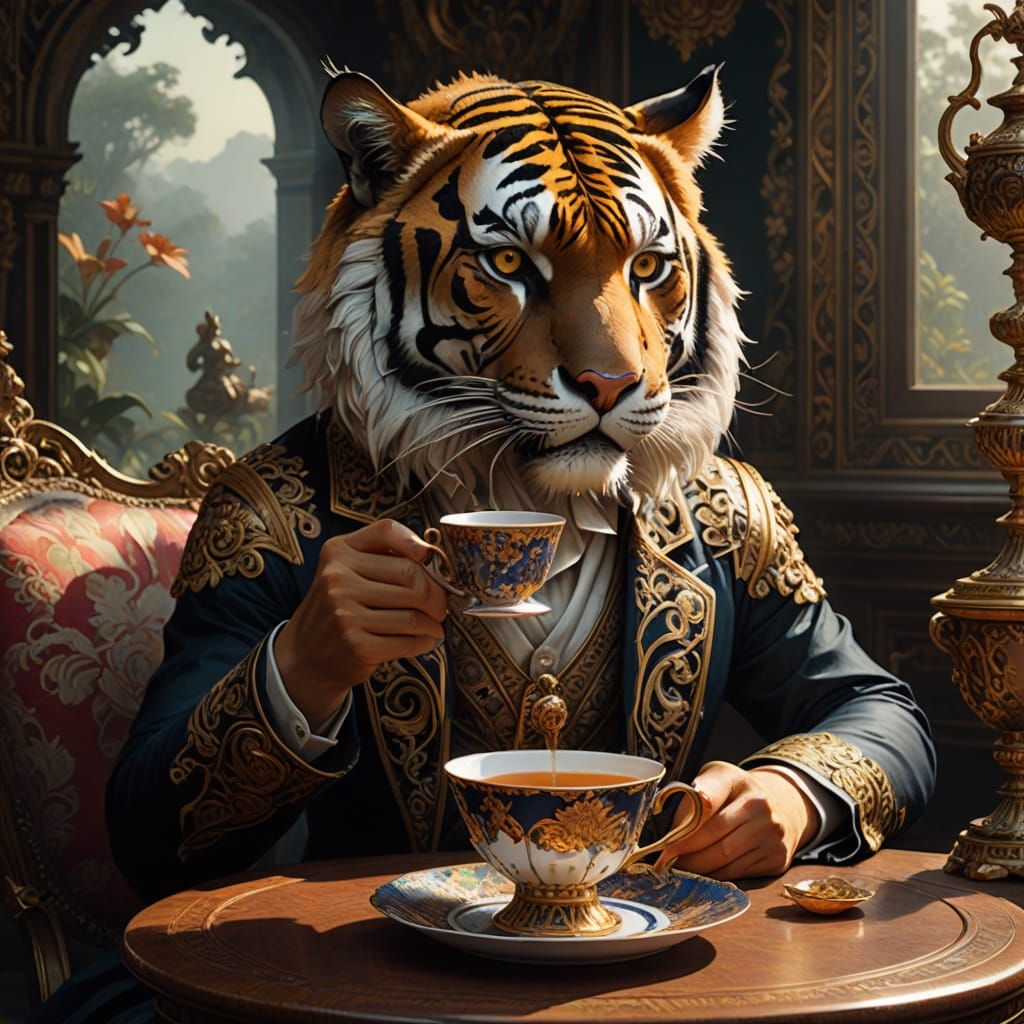 Anthropomorphic Tiger Sipping Tea: A Digital Fantasy