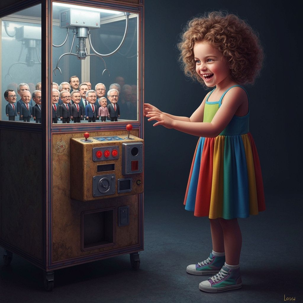 Girl Plays Carnival Claw Machine with Politician Figurines