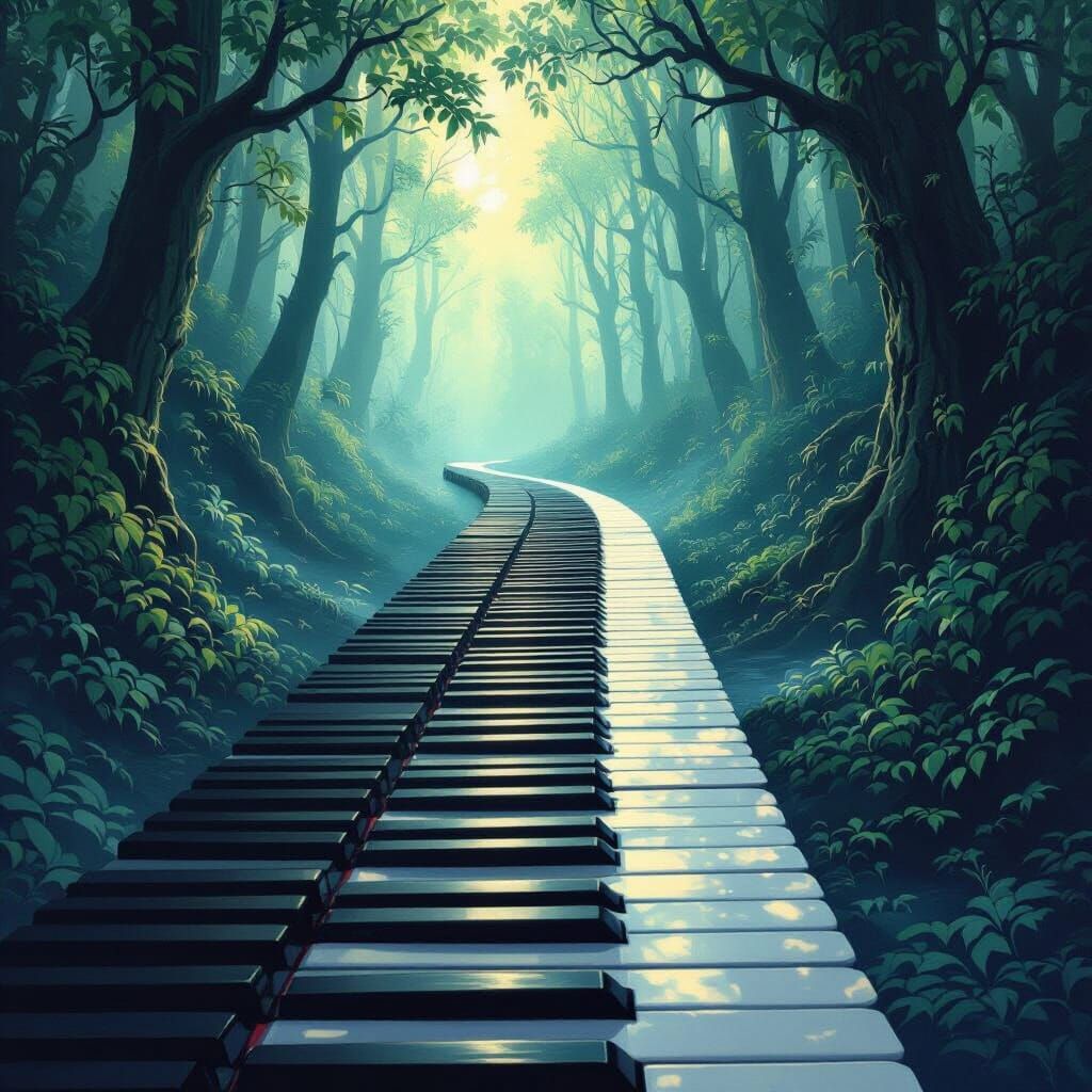 Floating Piano Keys in Mystical Fantasy Forest