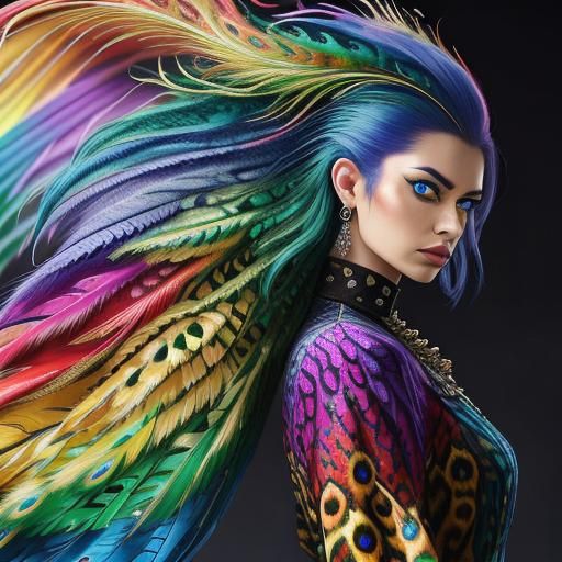 Woman with Rainbow Dragon Scales and Peacock Hair