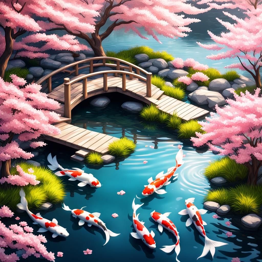 Koi Pond Under Cherry Blossoms: Realistic 3D Rendering