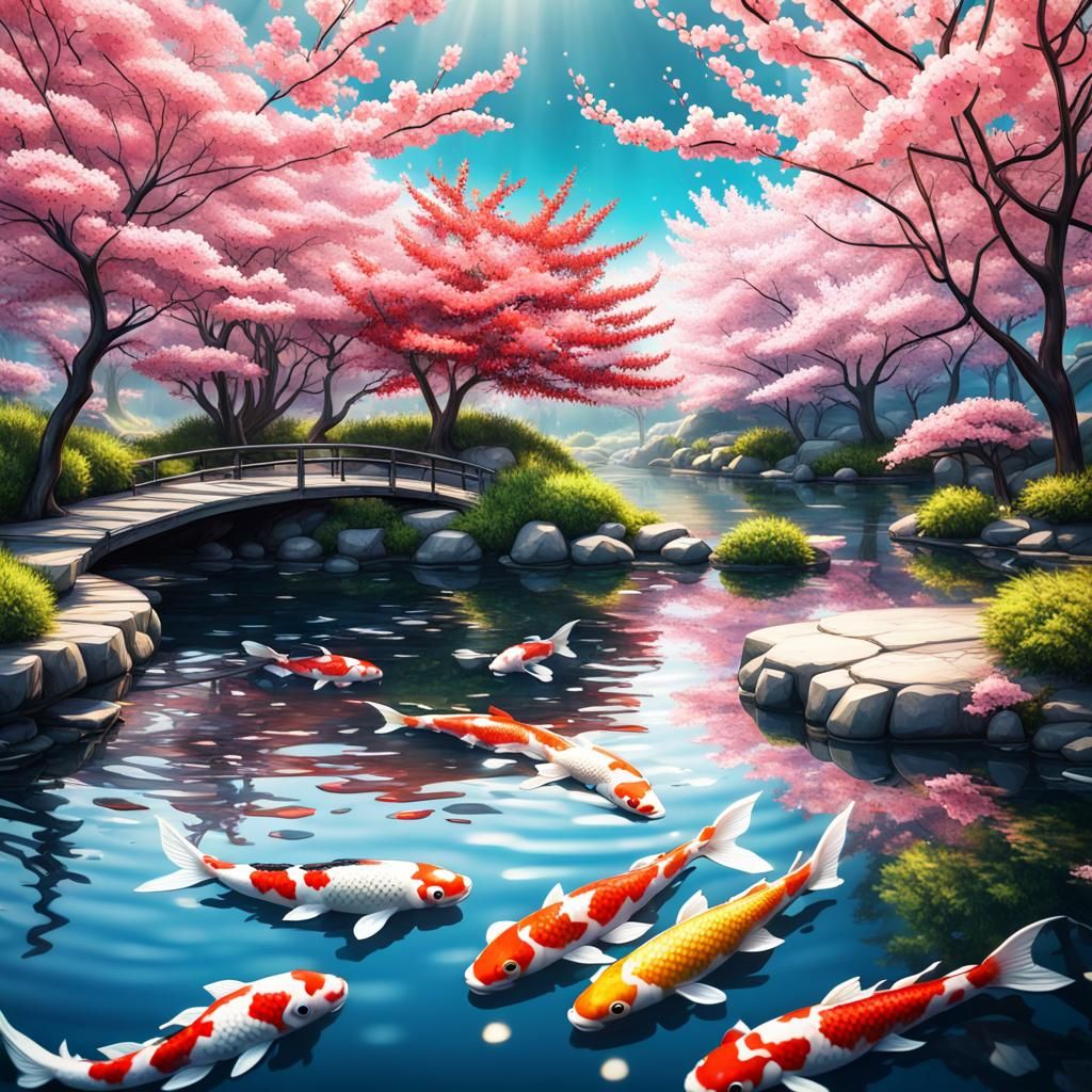 Realistic Cherry Blossom Koi Pond in Vibrant Color Gradient
