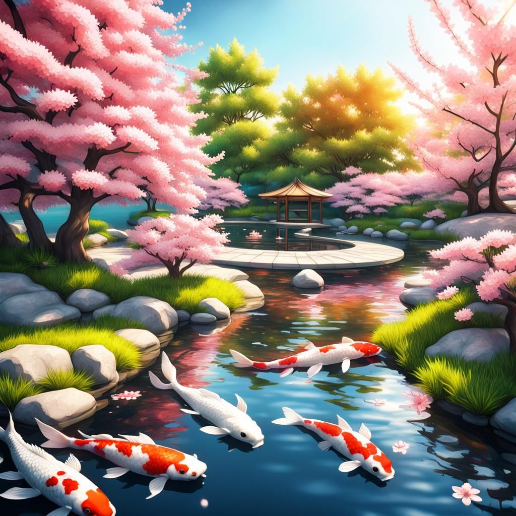Koi Pond Under Cherry Blossoms in Geometric Style