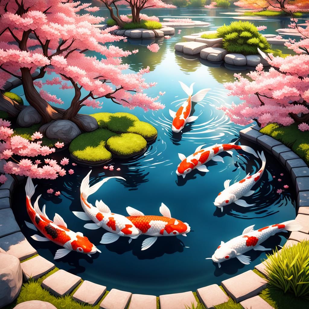 Koi Pond Under Cherry Blossoms in Geometric Style