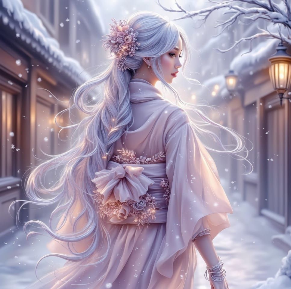 Cyberpunk Geisha in Snowy Village, in Anime Style