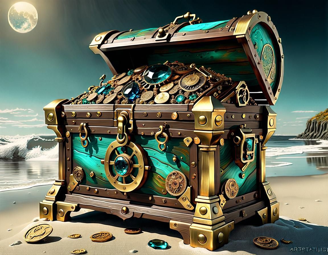 "Material oil painting, embossed, dramatic side view of a intricately detailed steampunk treasure chest