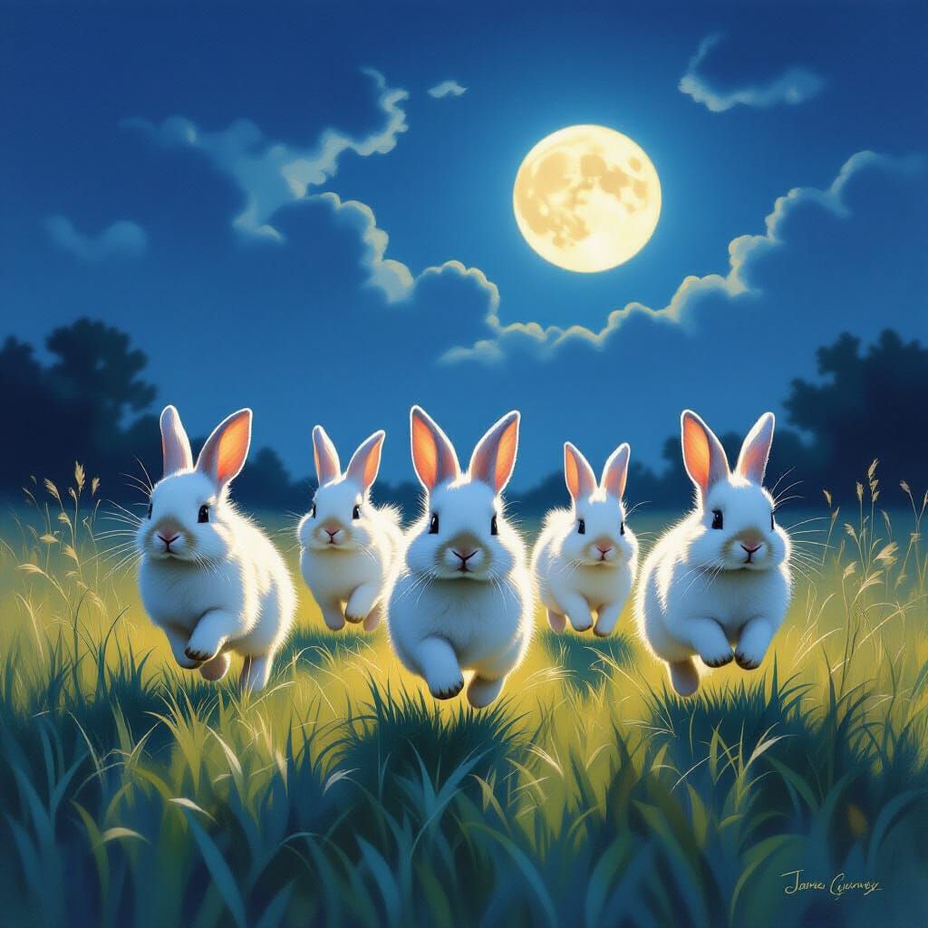 Five Rabbits in Moonlit Field, Detailed Oil Painting