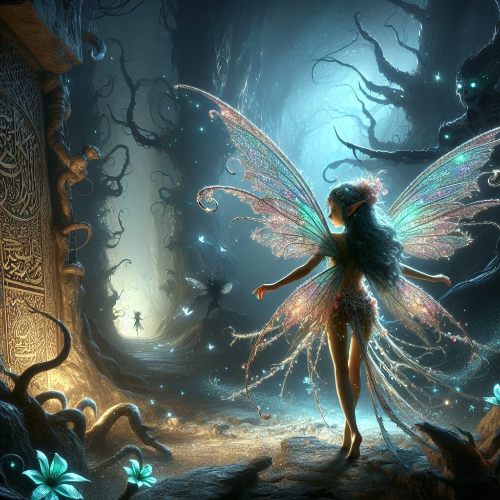 Mystical Fairy Embarks into Shadows, Glowing Magic Illuminat...
