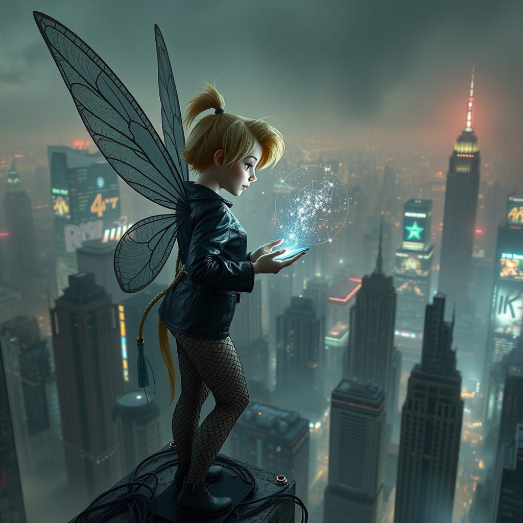 Neon Tinker Bell Takes Flight in Cyberpunk Metropolis