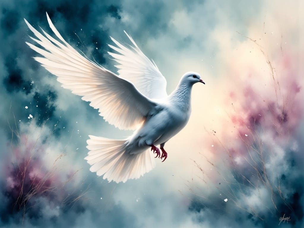 Dreamy Snow White Dove in Flight, Grungy Oil Painting