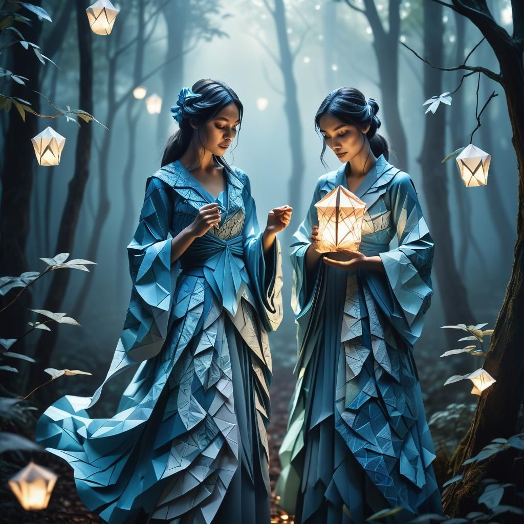 Mystical Origami Woman in a Surreal Forest