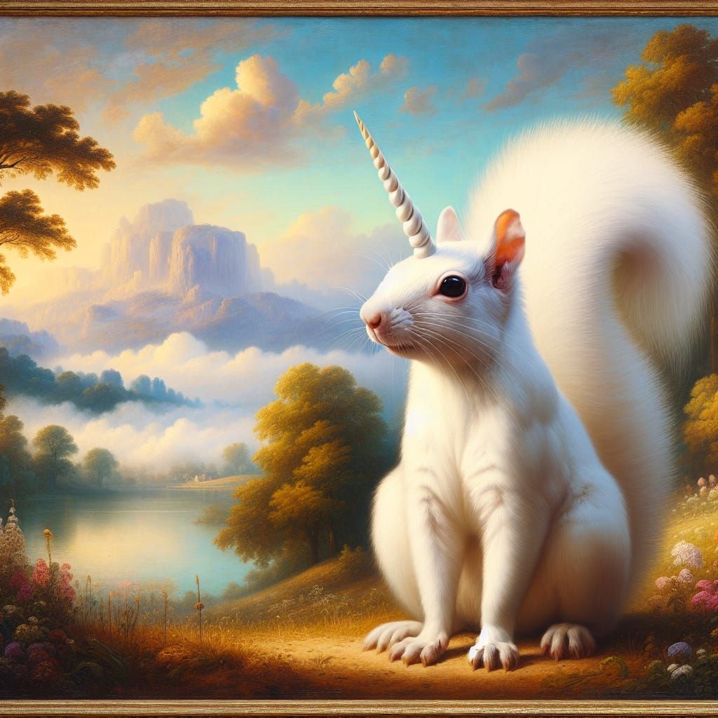 White Squirrel Unicorn in Romantic Landscape