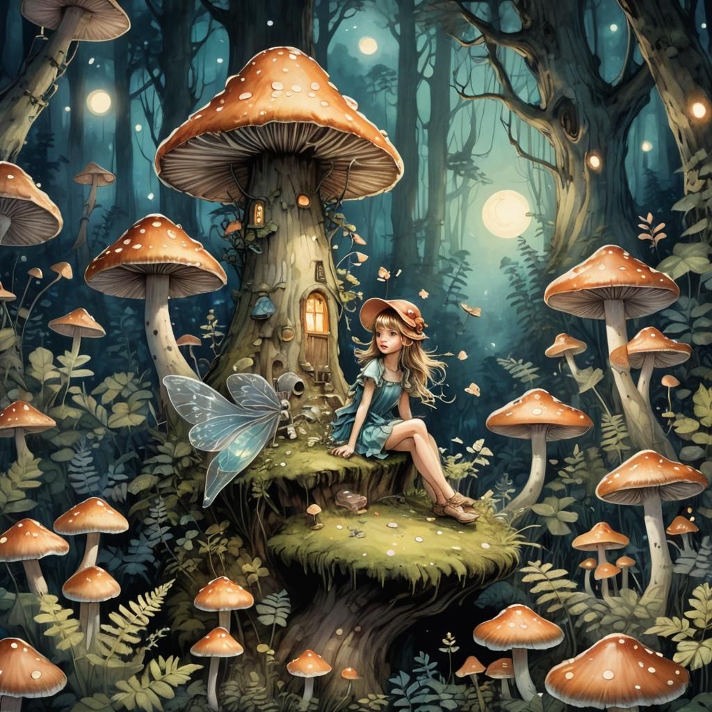 Enchanted Fairy Mushroom House in Watercolor Style