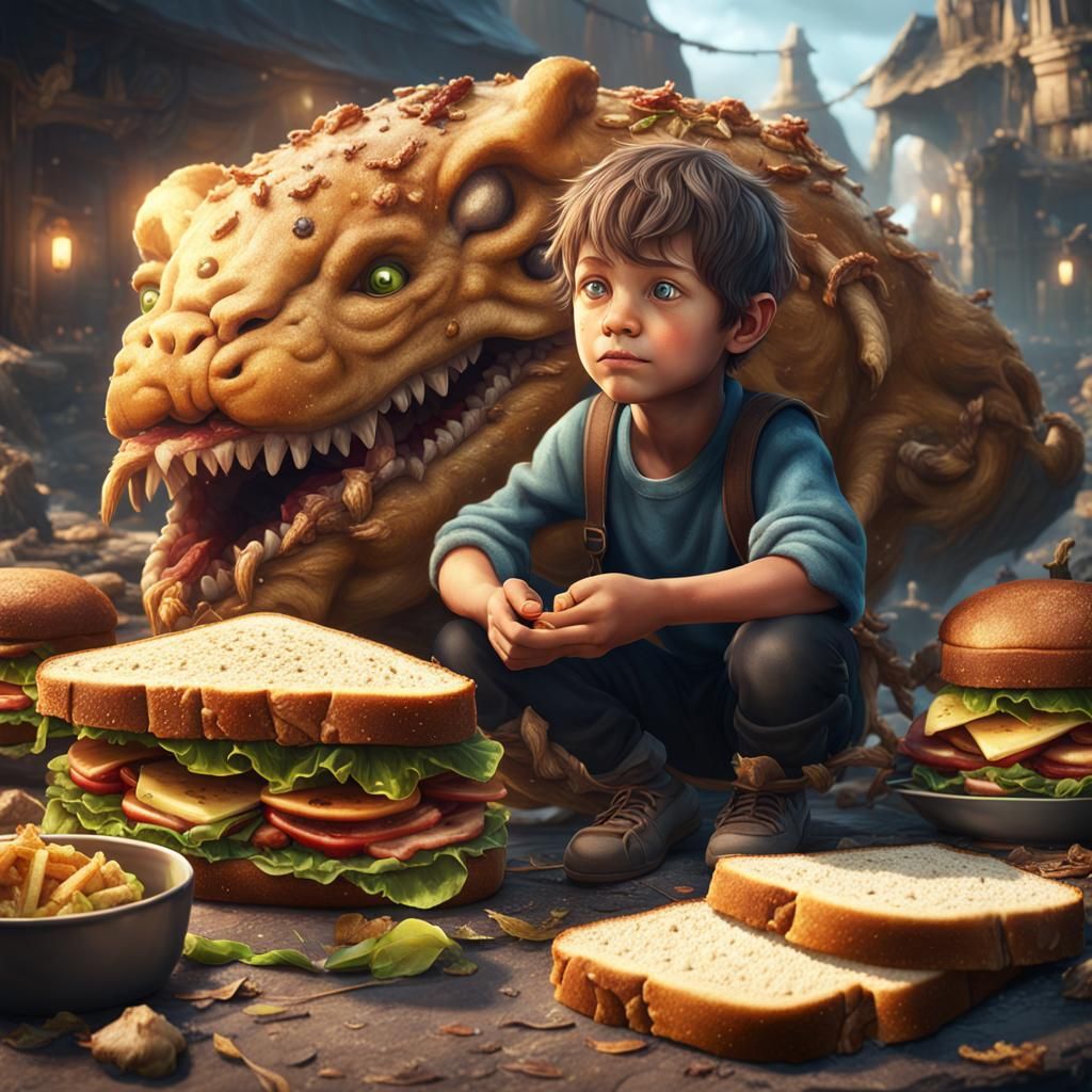 Cute Poor Boy Eating Sandwich: Fantasy Concept Art