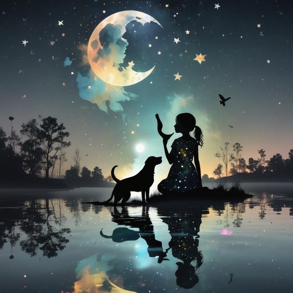 Silhouette Art: Girl, Dog, and Starry Night