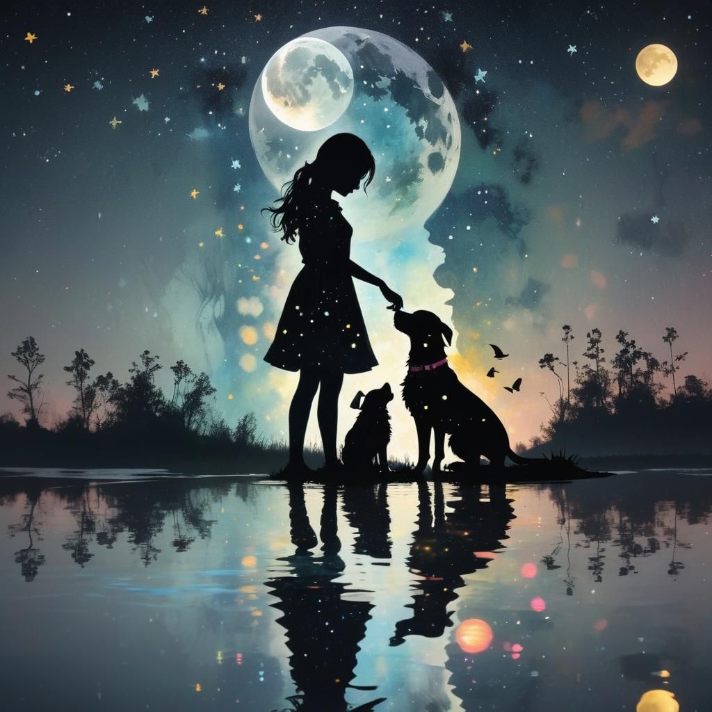 Silhouette of Girl and Dog with Starry Night