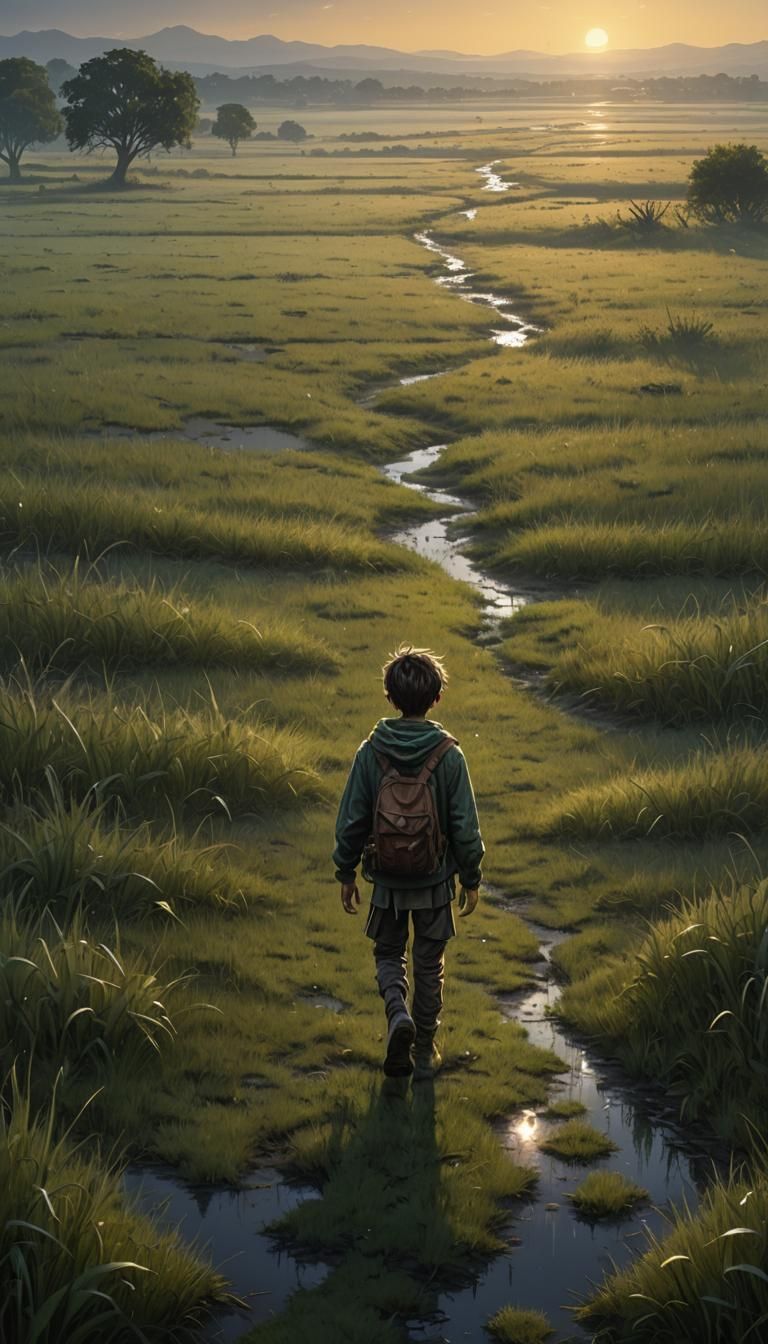 Lonely Boy in Field at Dawn: Dark Fantasy Art
