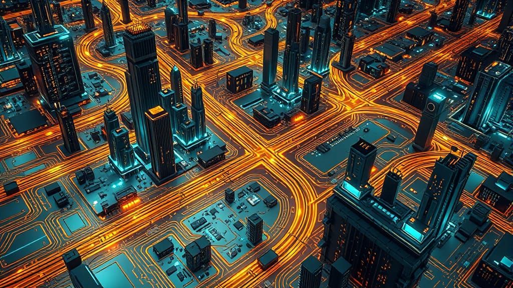 Glowing Electronic Cityscape in Digital Realism Style