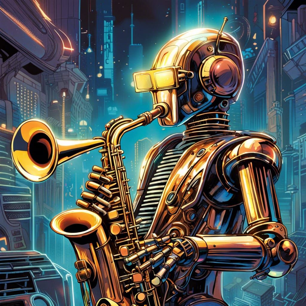 Retrofuturistic Robot Saxophonist in Synthwave Style