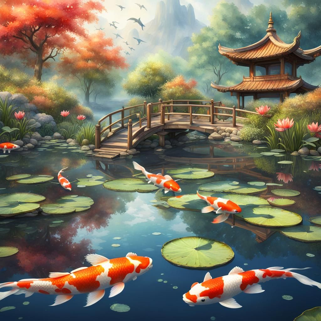 Serene Koi Pond Watercolor Painting