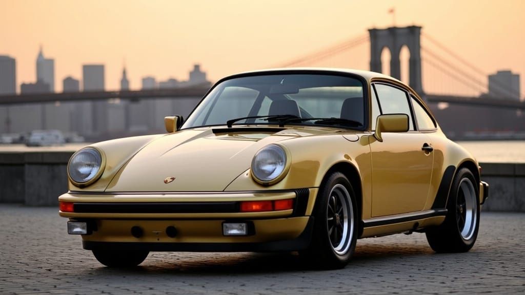 Porsche 911 Carrera on Brooklyn Bridge at Sunset