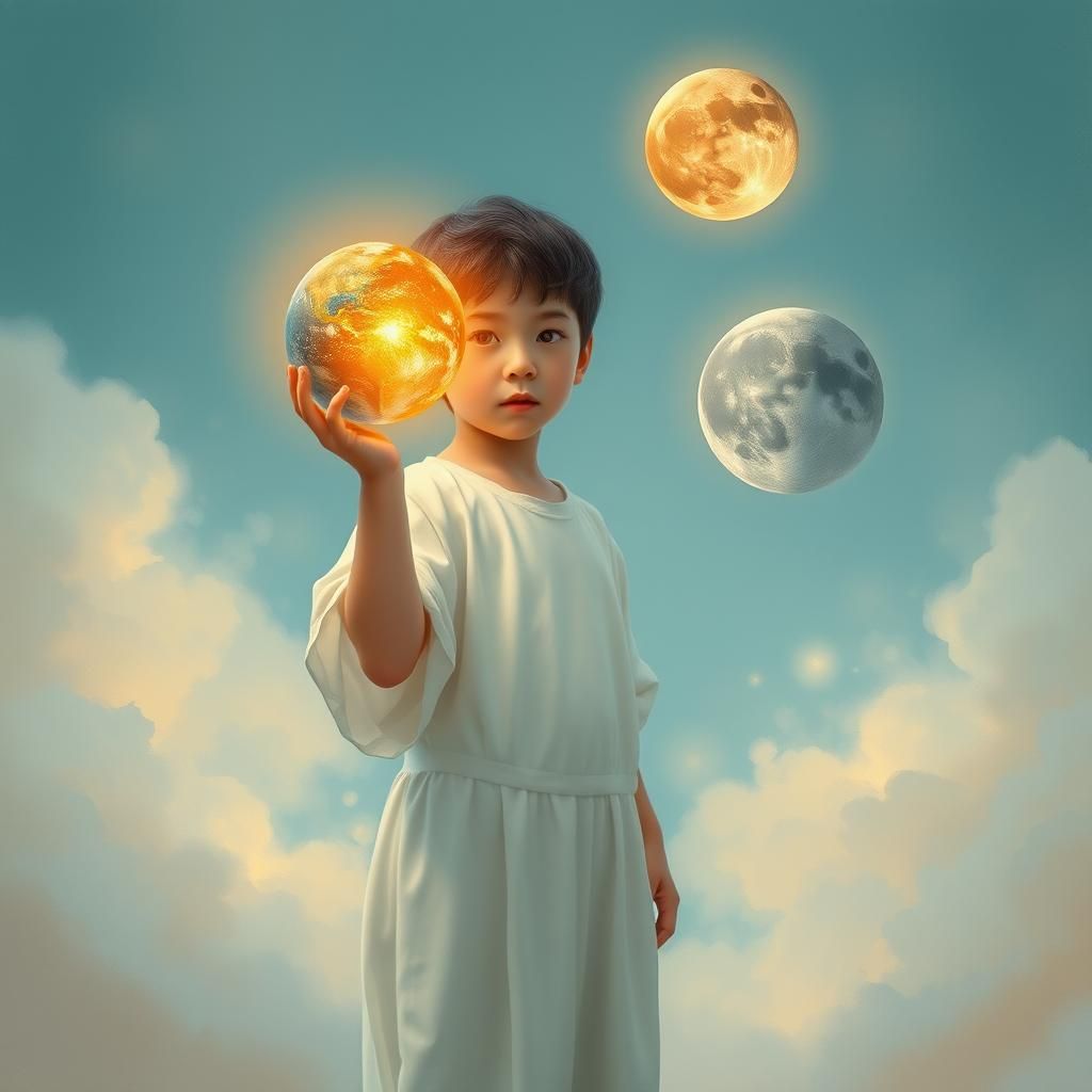 Boy Playing with Earth, Sun, and Moon Orbs