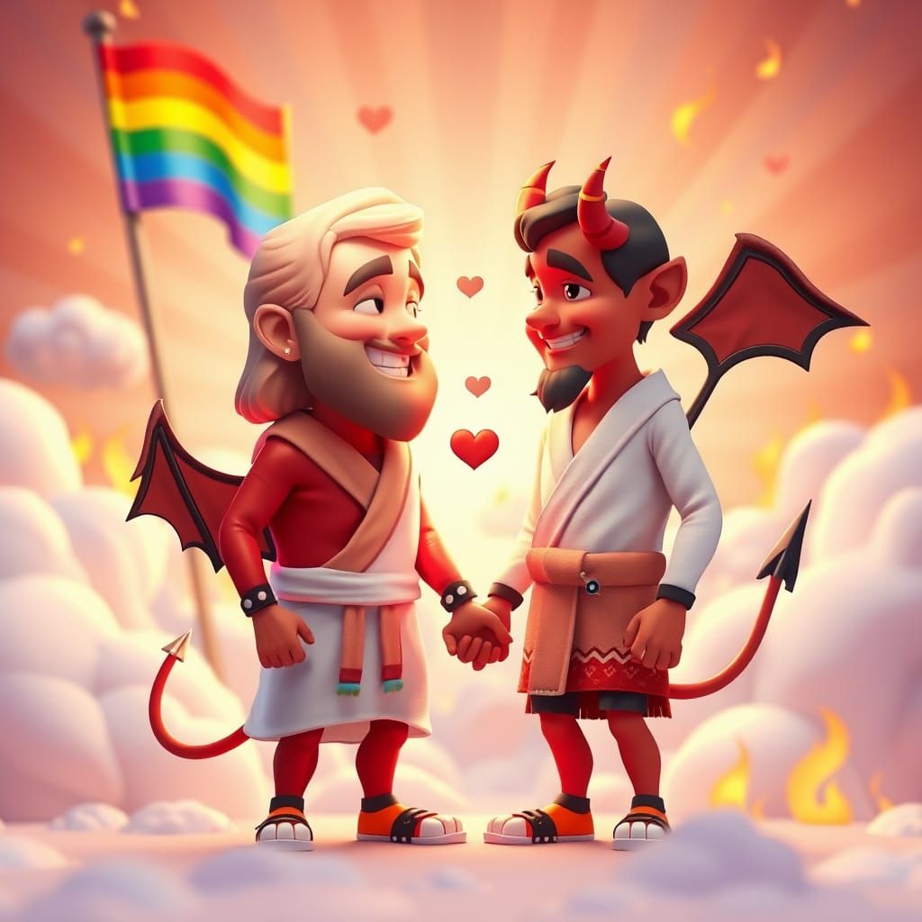 God and Devil: A Loving Gay Couple in Cartoon Style