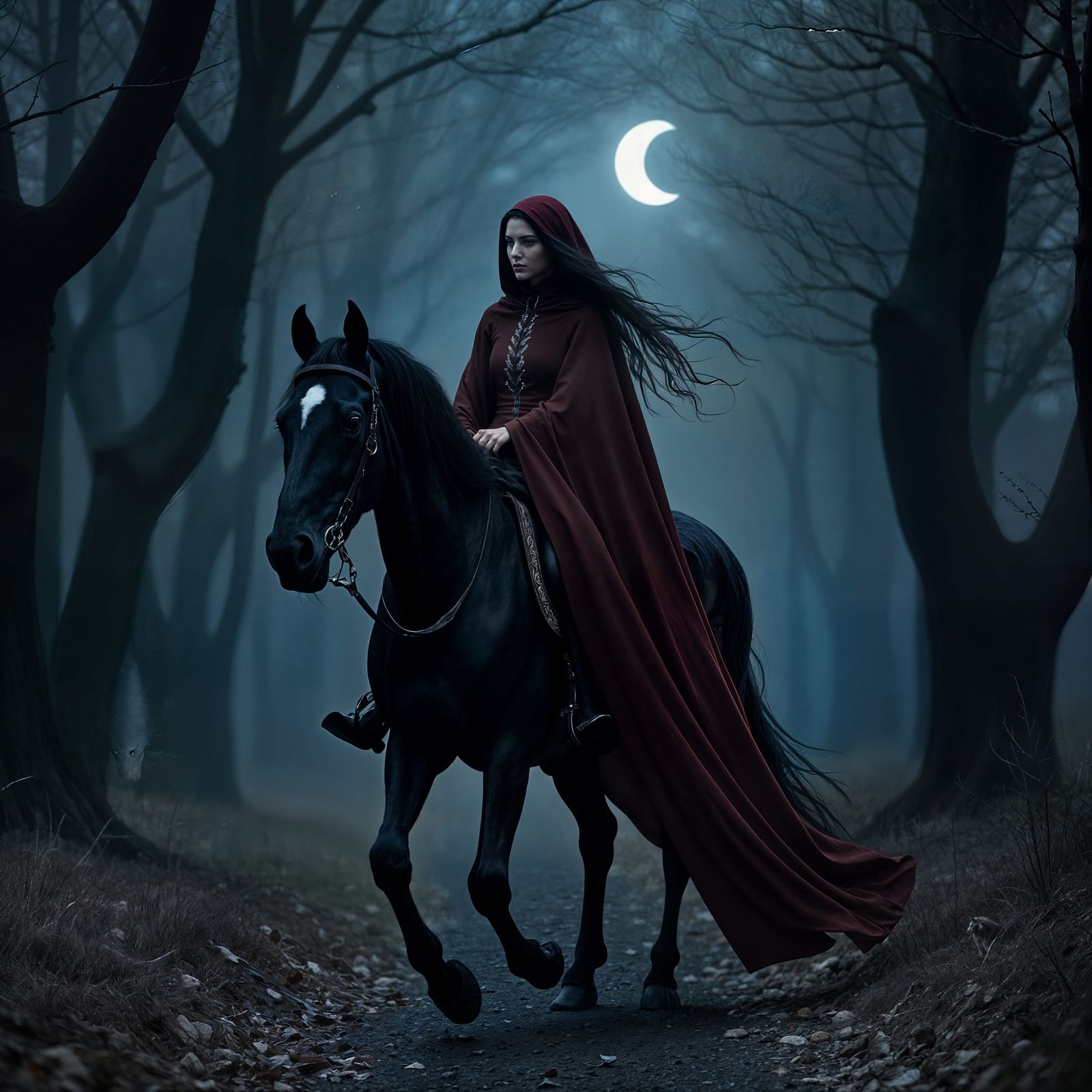 Ethereal Woman Rides Steed Under Crescent Moonlight