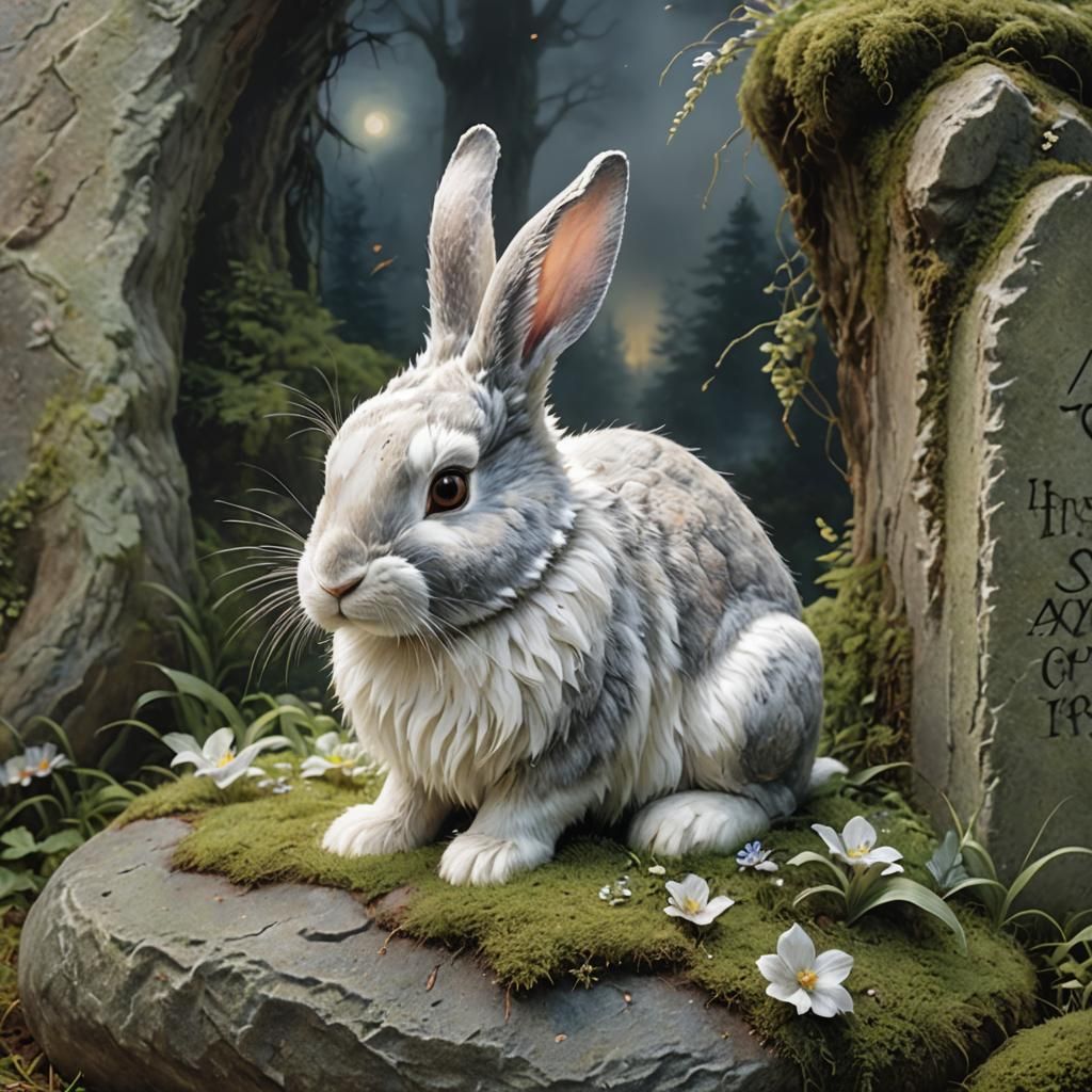 Ethereal Bunny by Gravestone in Fantasy Art Style