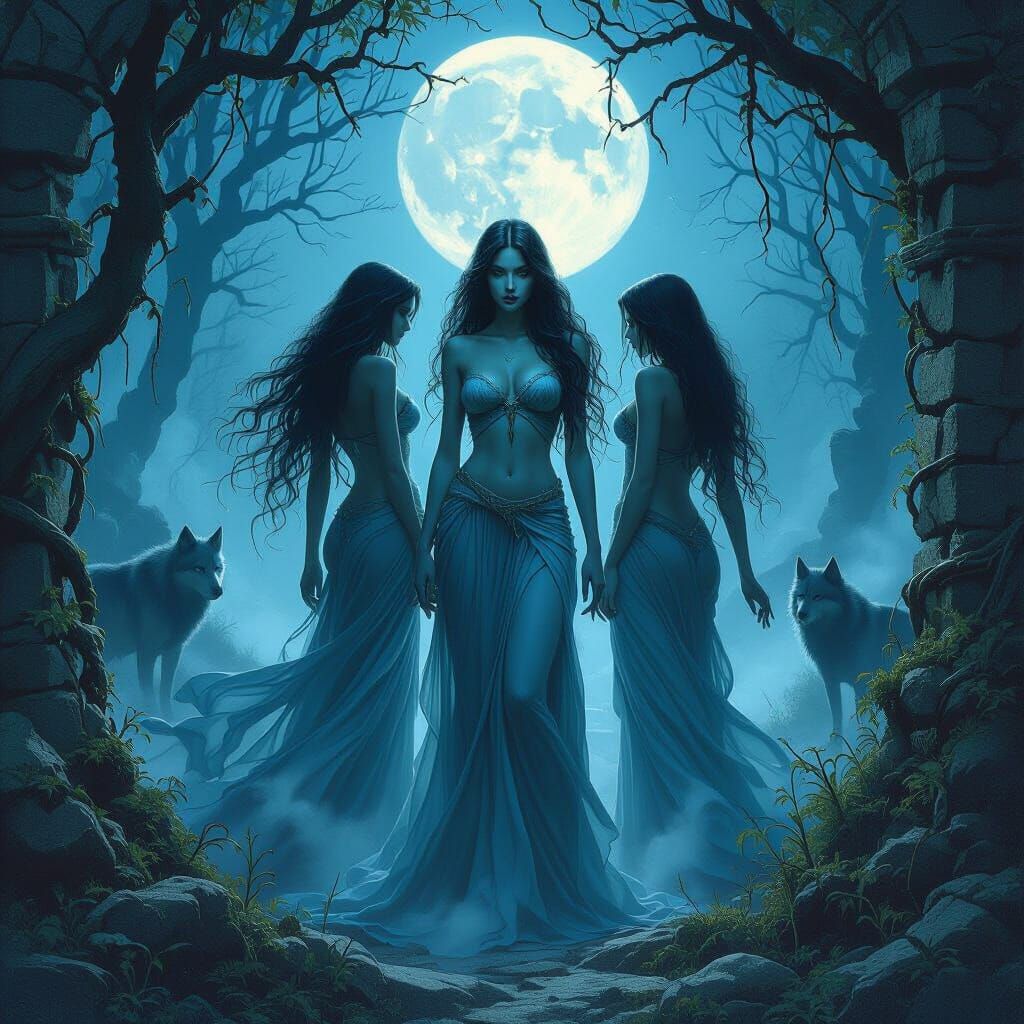 Moonlit Maidens Emerge from Mystical Forest