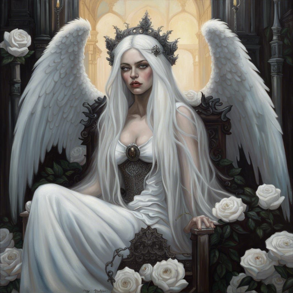 Gothic Angel Princess on Rose Throne