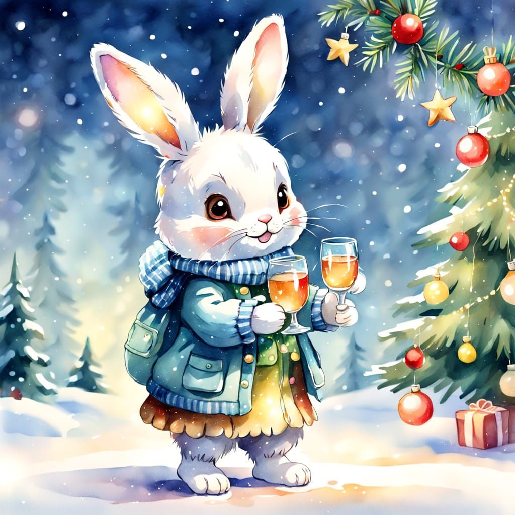 Cute Toy Rabbit in Christmas Scene - Watercolor Sketch