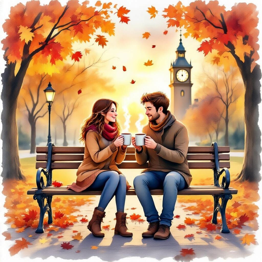 Autumnal Couple Share Cider: Watercolor Dreamscape