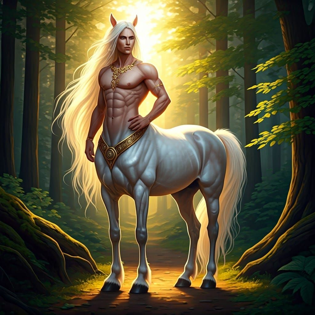 Majestic White Centaur in Sun-Dappled Forest