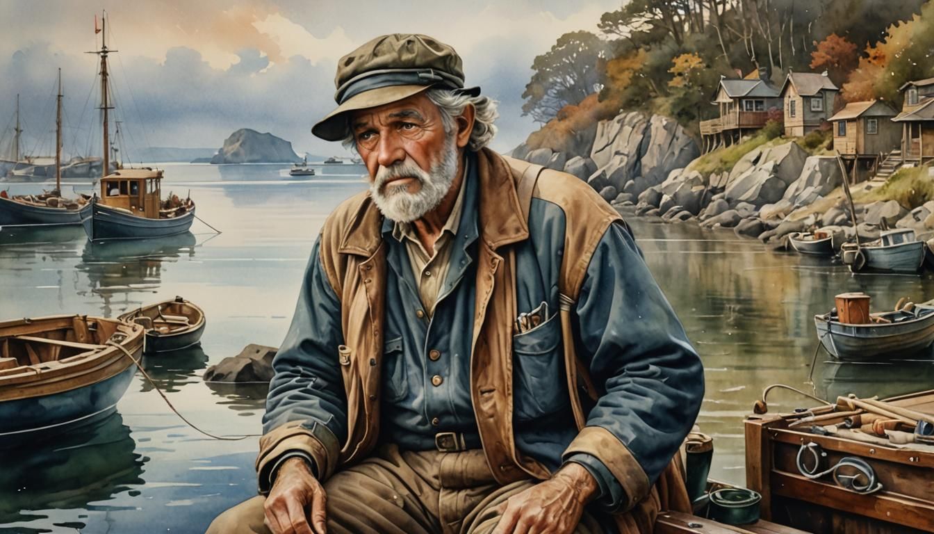 Hyperdetailed Fisherman in Romantic Watercolor Style