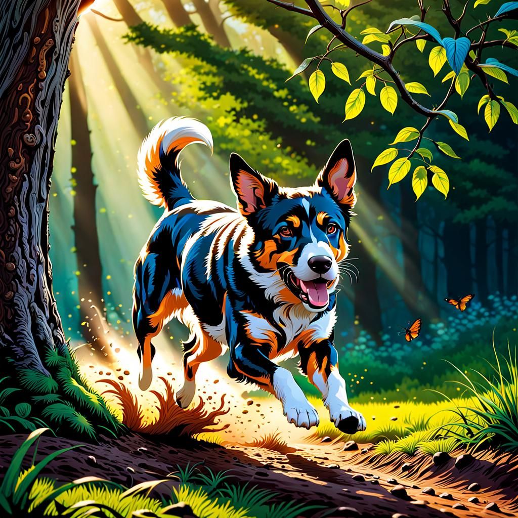 Dog running free through the forest