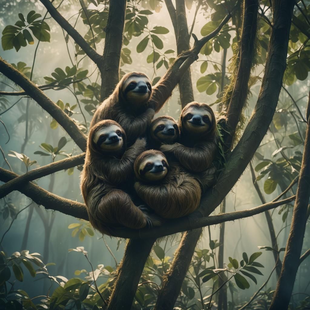Sloths Cuddling in Trees: Cinematic Film Still