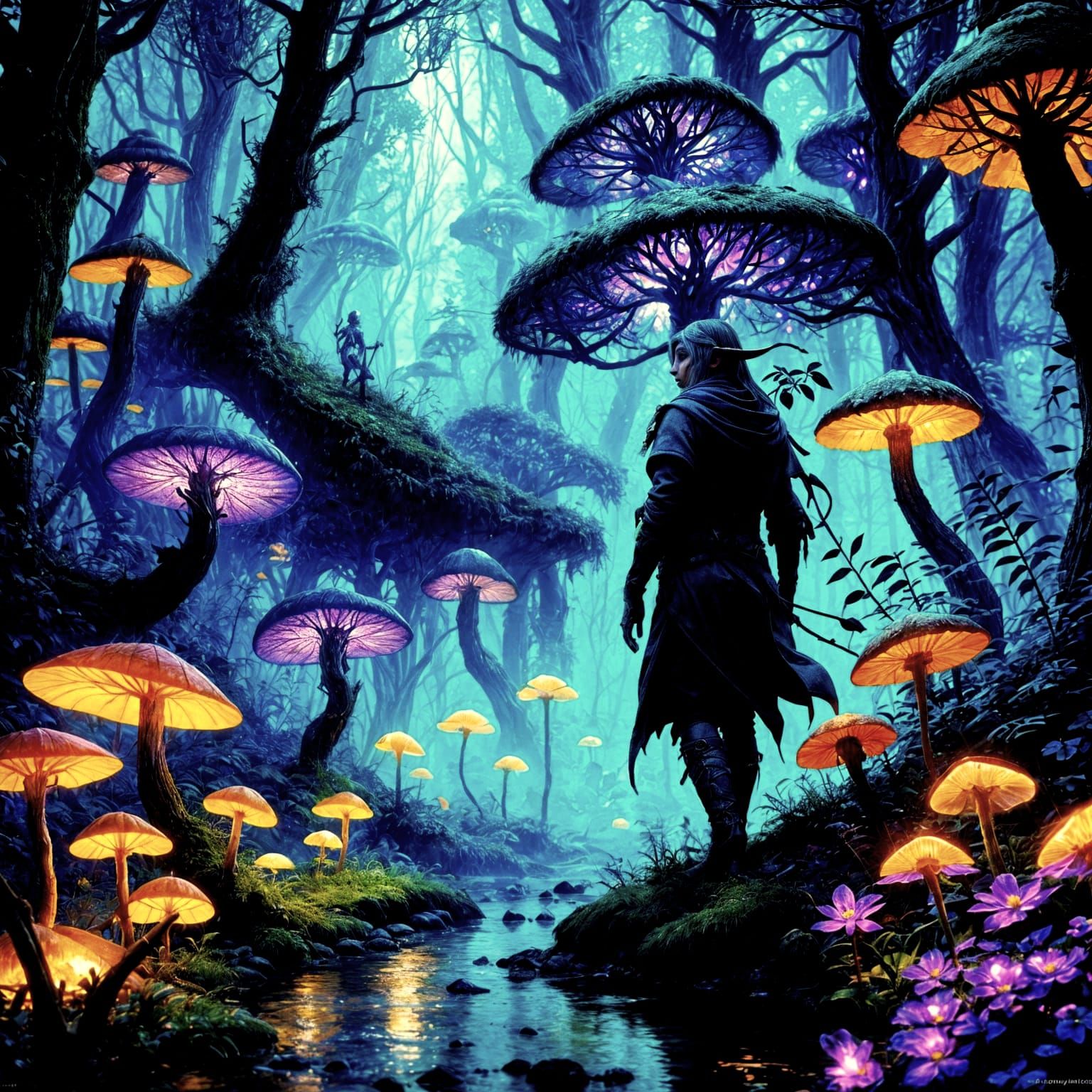Elf Wandering a Bioluminescent Forest in Matte Painting Styl...