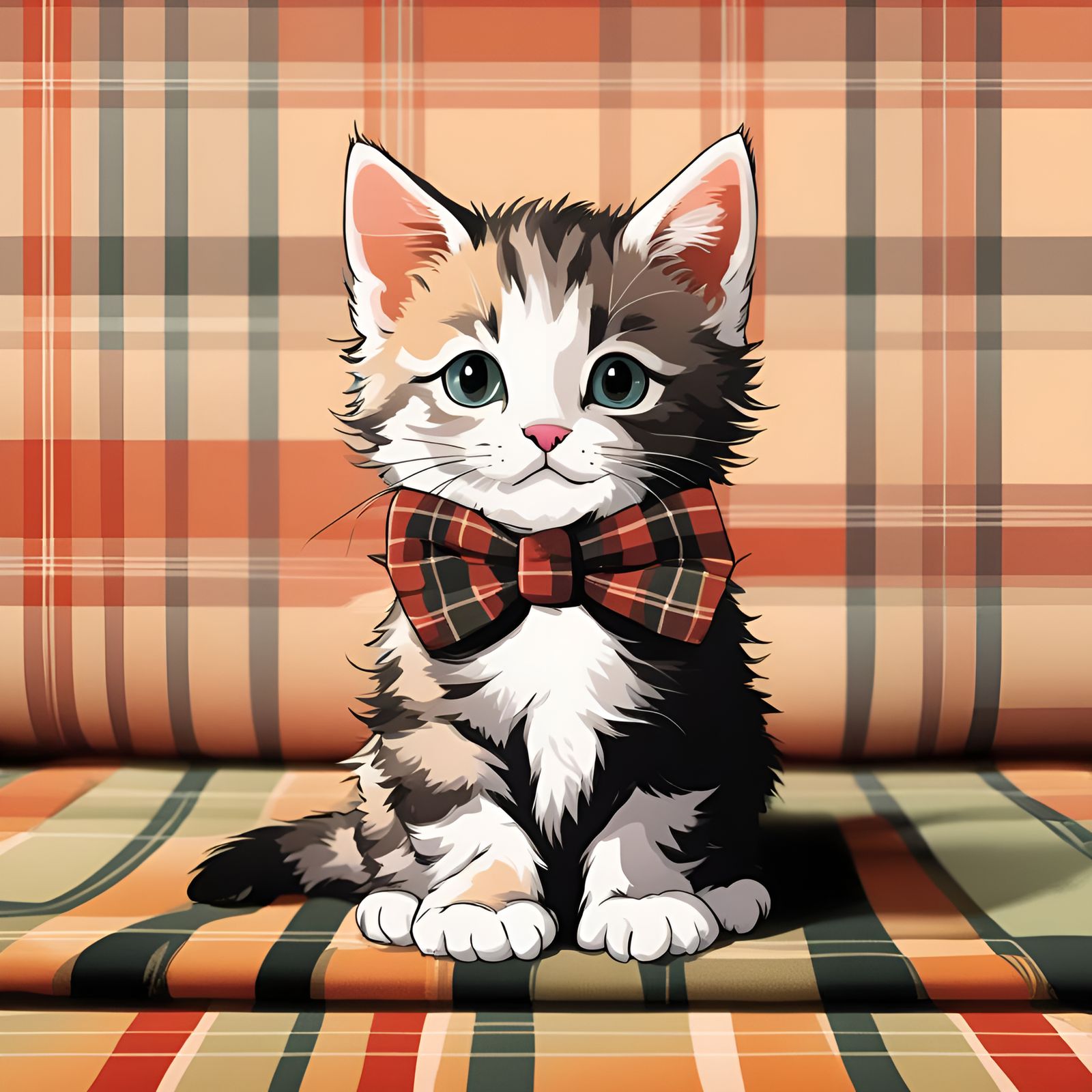 Adorable Kitten with Plaid Background