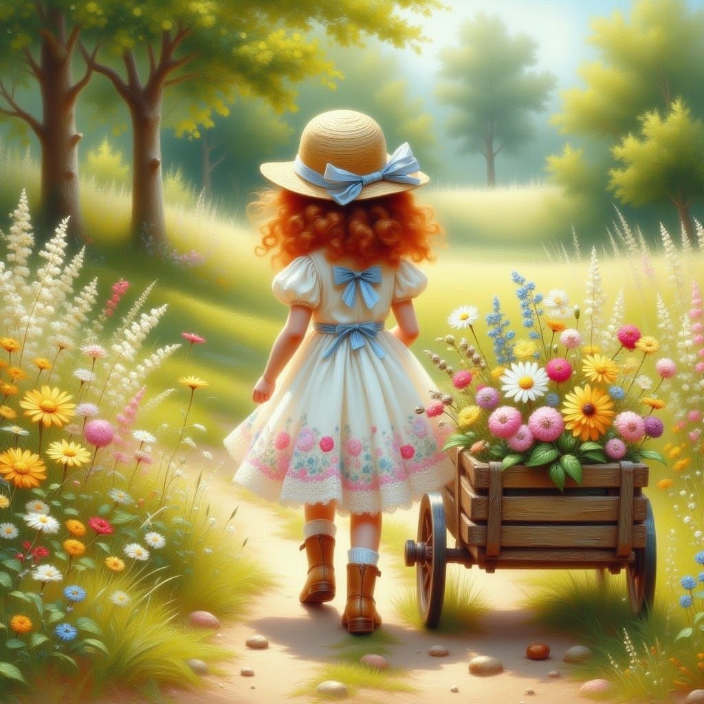 Girl in White Dress with Flowers, Vintage Impressionist Pain...