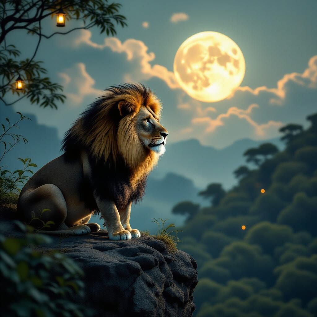 Moonlit Lion Overlooking Primordial Forest
