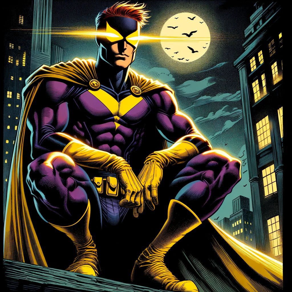 Gritty Vigilante Perched Over Cityscape in Vintage Comic Boo...