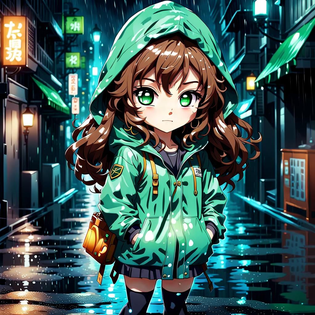 Chibi Girl in Rain, Manga Scan Style