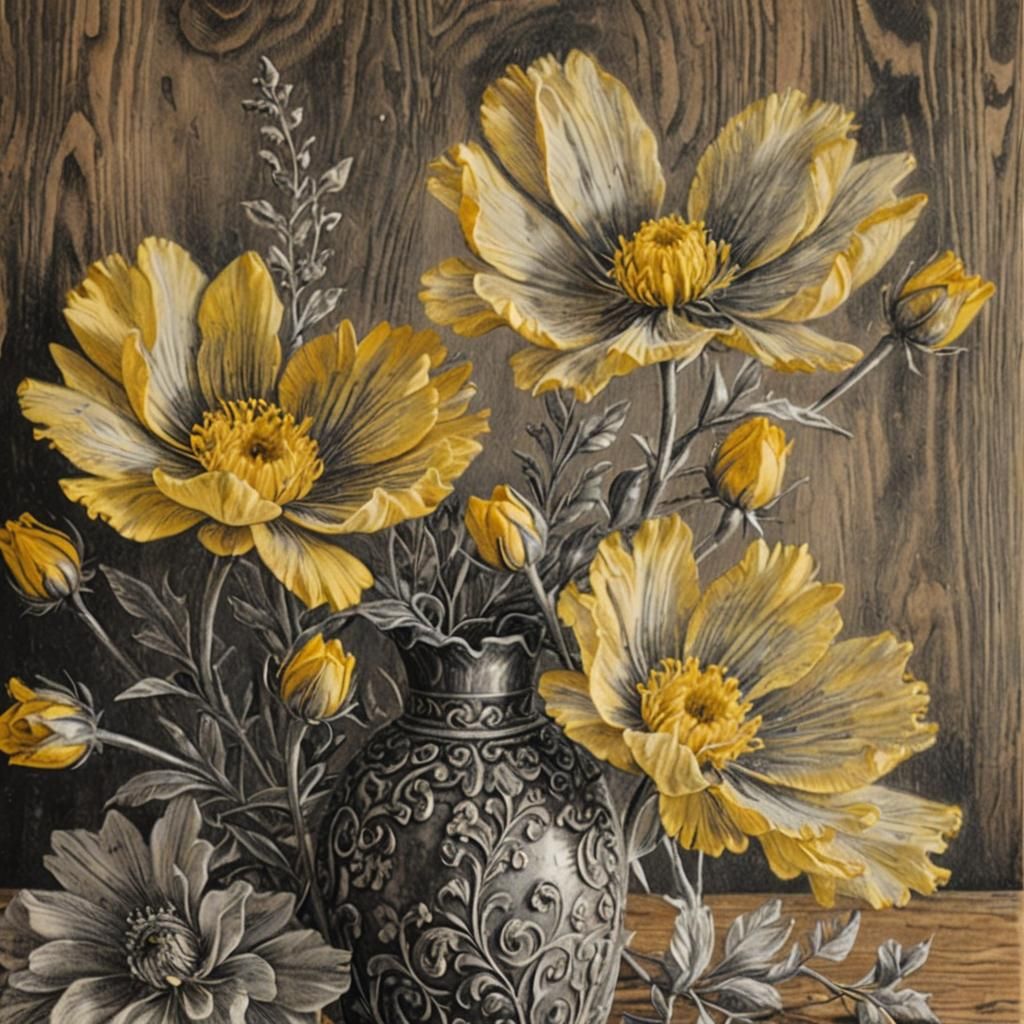 Detailed Charcoal Drawing of Yellow Flowers Still Life