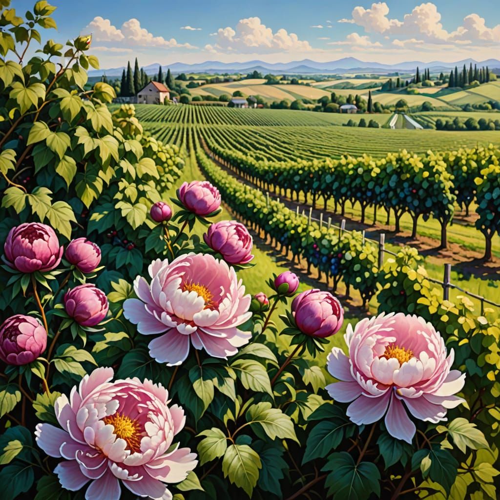 Lush Peonies Bloom Amidst a Grape Vineyard Landscape