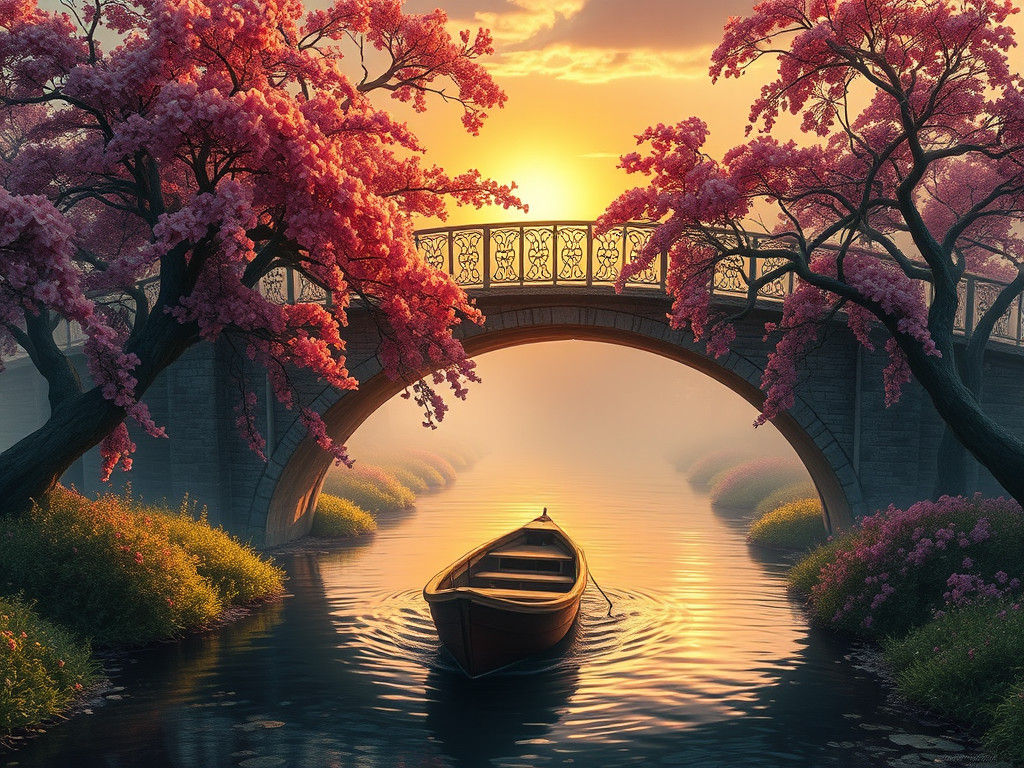 Arched Bridge Scene at Sunset in Matte Painting Style
