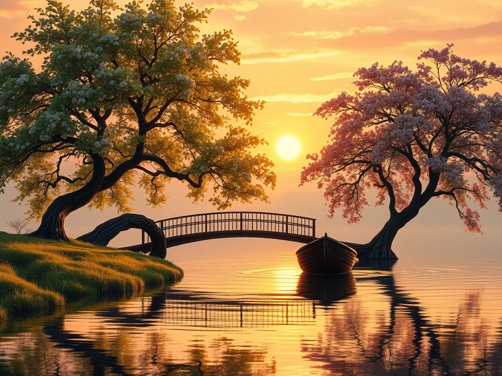 Arched Bridge Over Serpentine Stream at Sunset