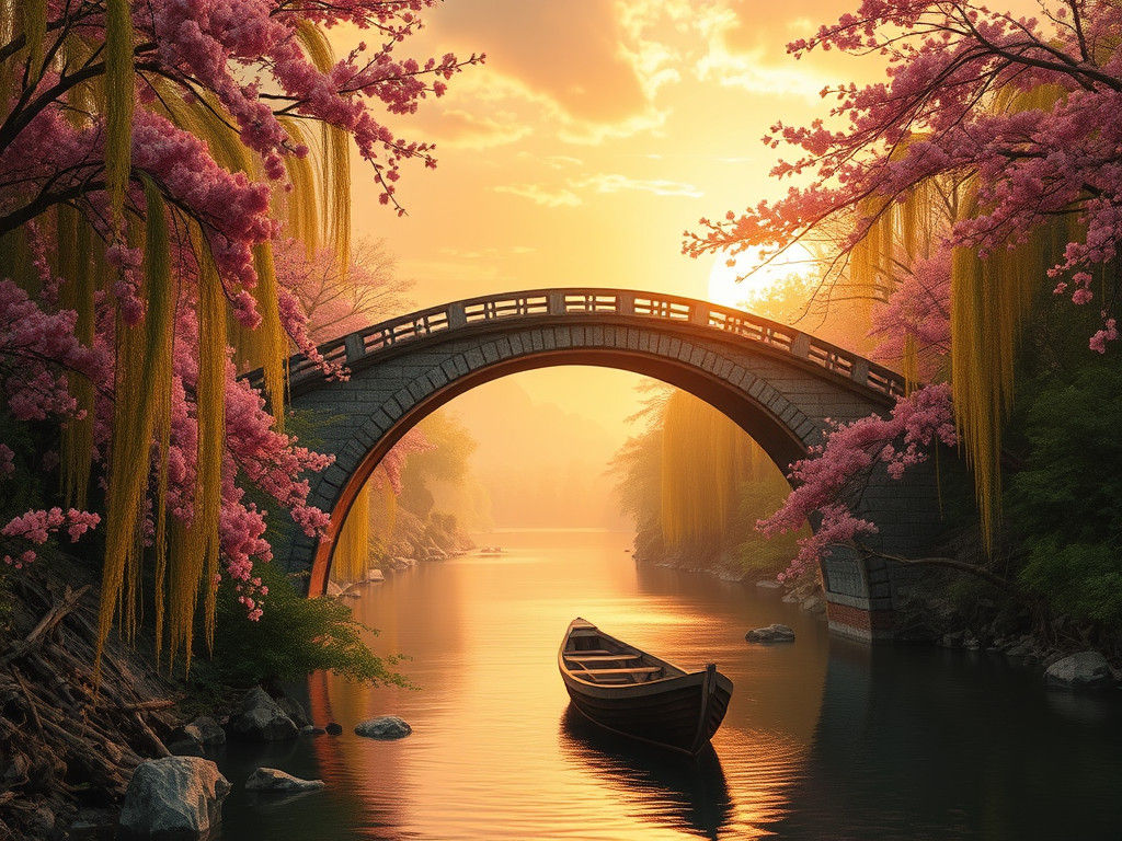Cherry Blossom Bridge at Sunset as Romantic Painting