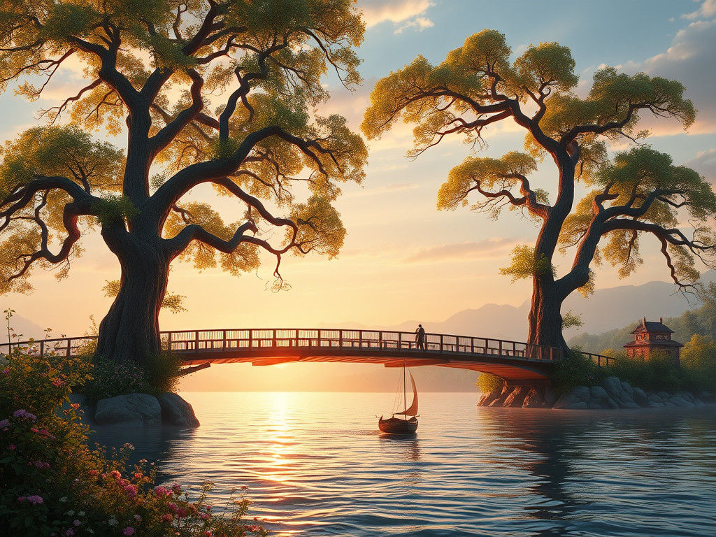 Arched Bridge Between Leaning Trees at Sunset